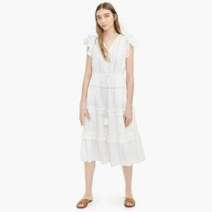 J Crew Point Sur Pom-Pom Flutter Sleeve Midi Dress in Cotton Voile. Size 6